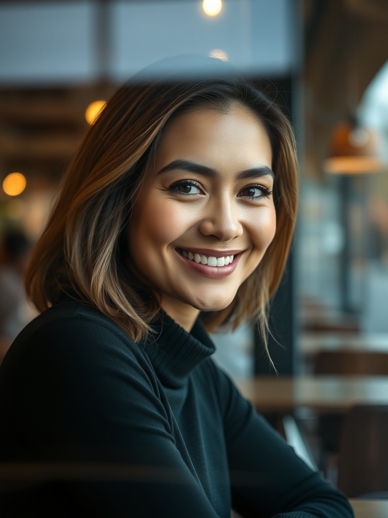50mm 렌즈를 사용하여 카페 창가에서 자연스러운 미소를 짓고 있는 인물의 상반신 사진