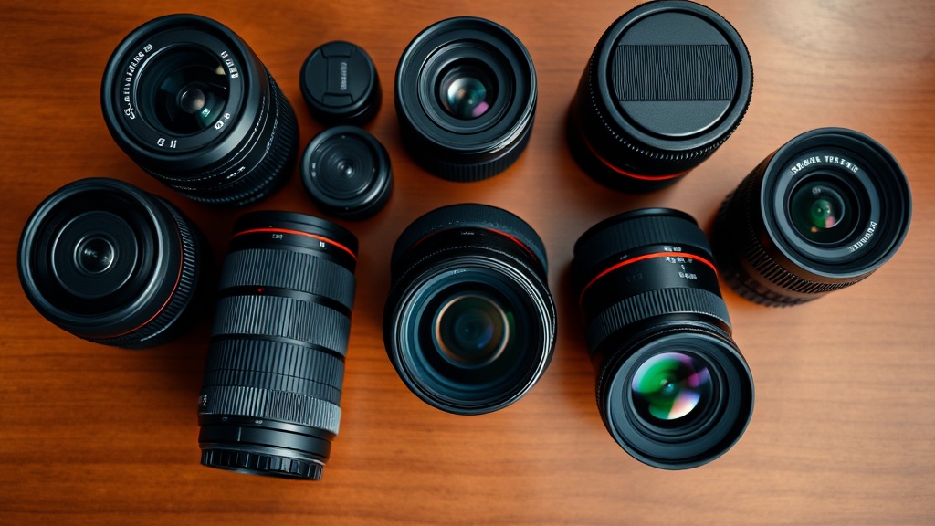 나무 테이블 위에 광각, 표준, 망원 등 다양한 크기의 카메라 렌즈들이 나란히 놓여 있는 모습