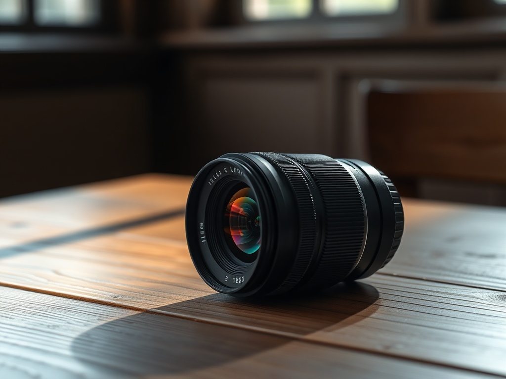 나무 테이블 위에 놓인 클래식한 50mm 단렌즈가 부드러운 햇살을 받고 있는 모습