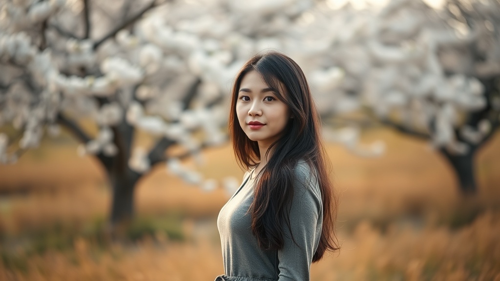 망원 렌즈 특유의 배경 압축 효과로 인해 배경의 벚꽃이 인물 바로 뒤에 겹쳐진 듯한 감성적인 사진