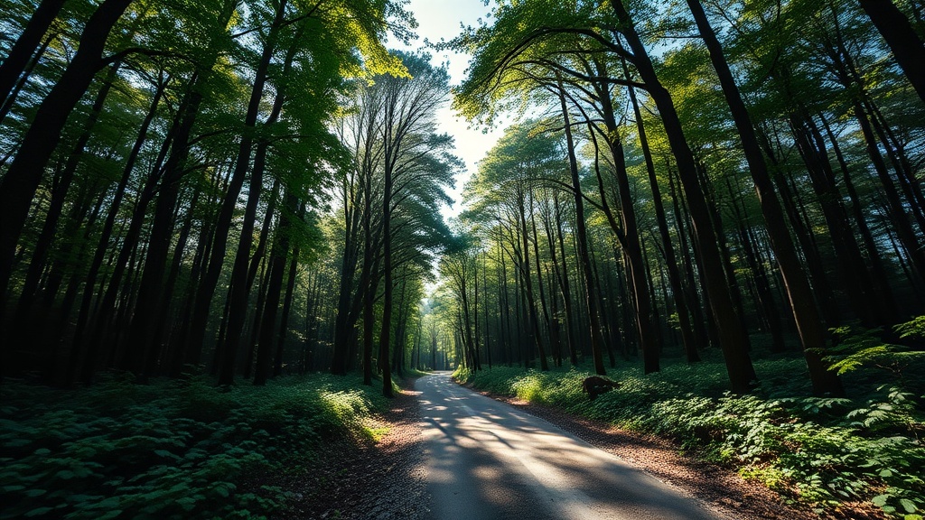 숲속의 오솔길이 광각 렌즈의 원근감으로 인해 길게 뻗어 보이는 풍경