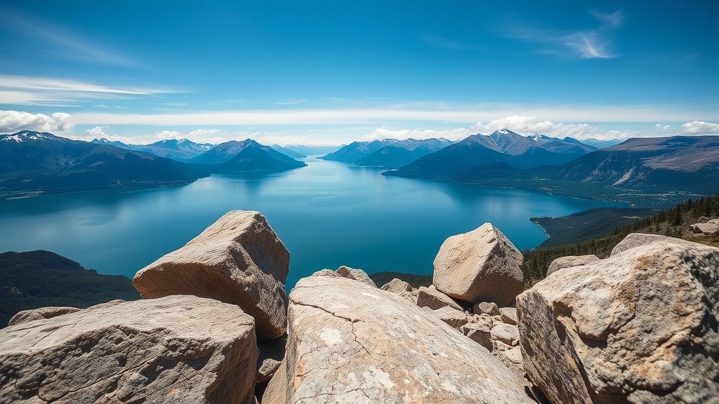 광활한 호수와 산맥을 배경으로 전경의 바위가 강조된 광각 풍경 사진의 예시
